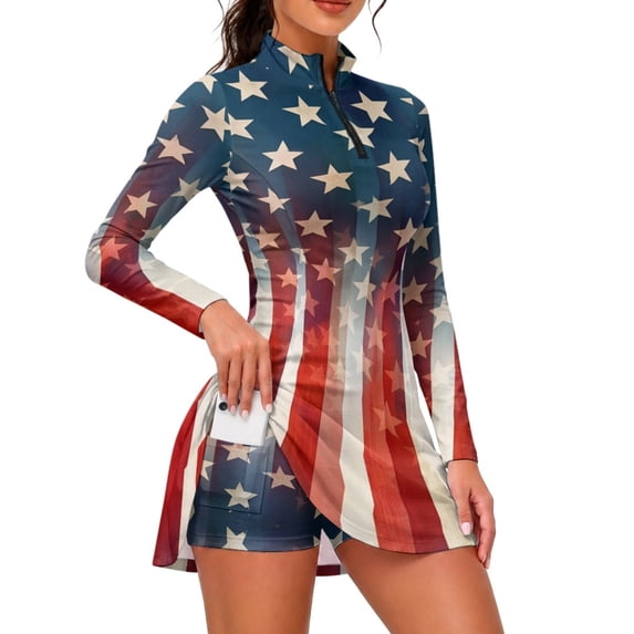 TSOVTHRID American Flag Star Tennis Dress, 2 Piece Sportswear 1/4 Zip Breathable Workout Dress for Exercise Golf, Size Small