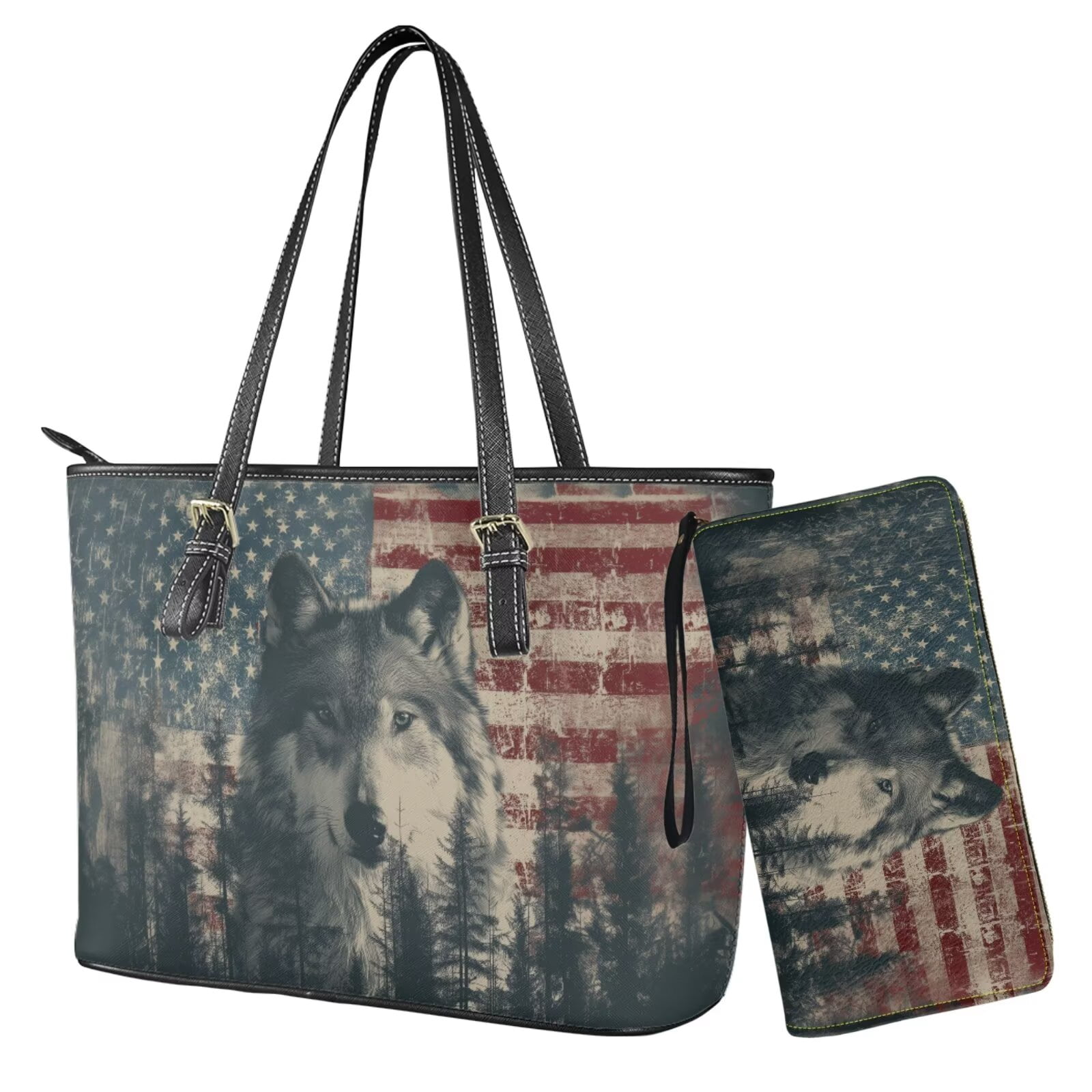 TSOVTHRID American Flag Wolf Forest Print Tote Bag Handbag with Wallet Set Hobo Shoulder Bag for Women Ladies 2 Pcs Leather Top Handle Handbag Purse with Matching Wallet