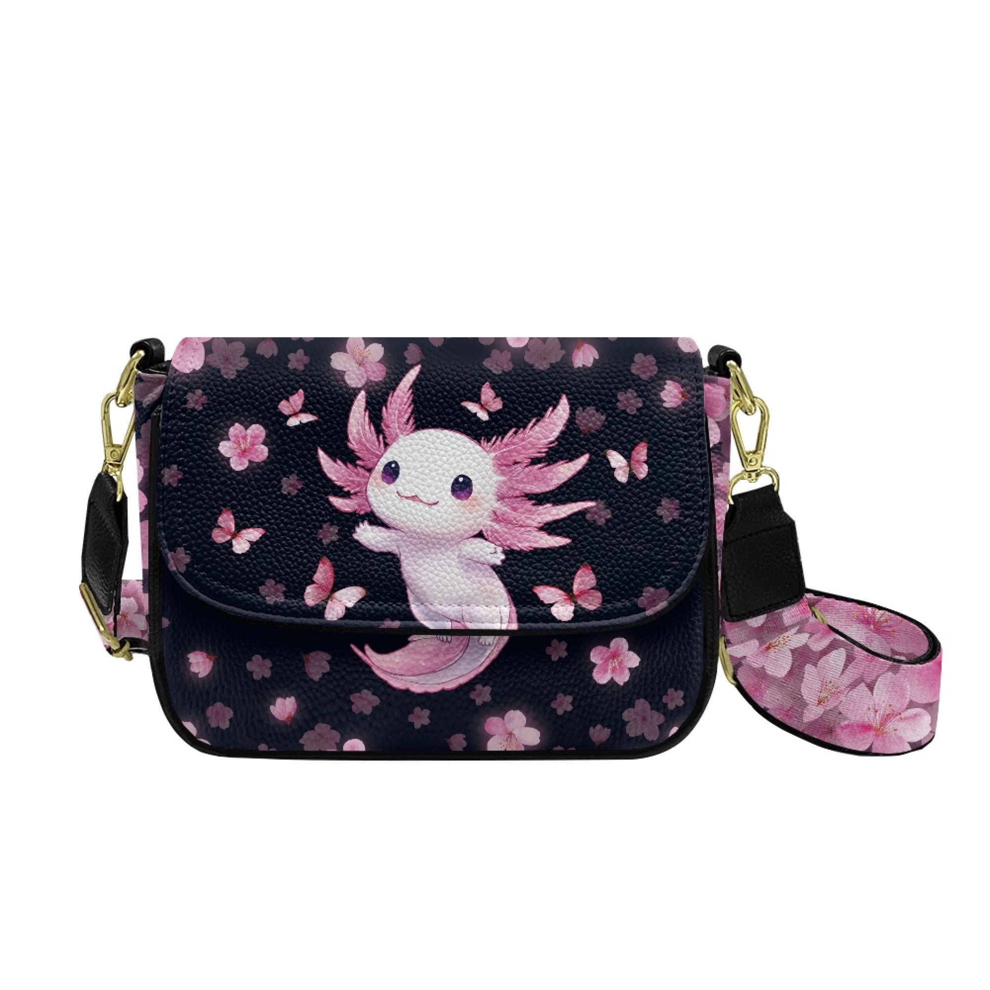 TSOVTHRID Axolotl Butterfly Cherry Blossom Print Crossbody Purse for Women Small Crossbody Bag Crossover Shoulder Bag Cell Phone Leather Handbag with Wide Strap