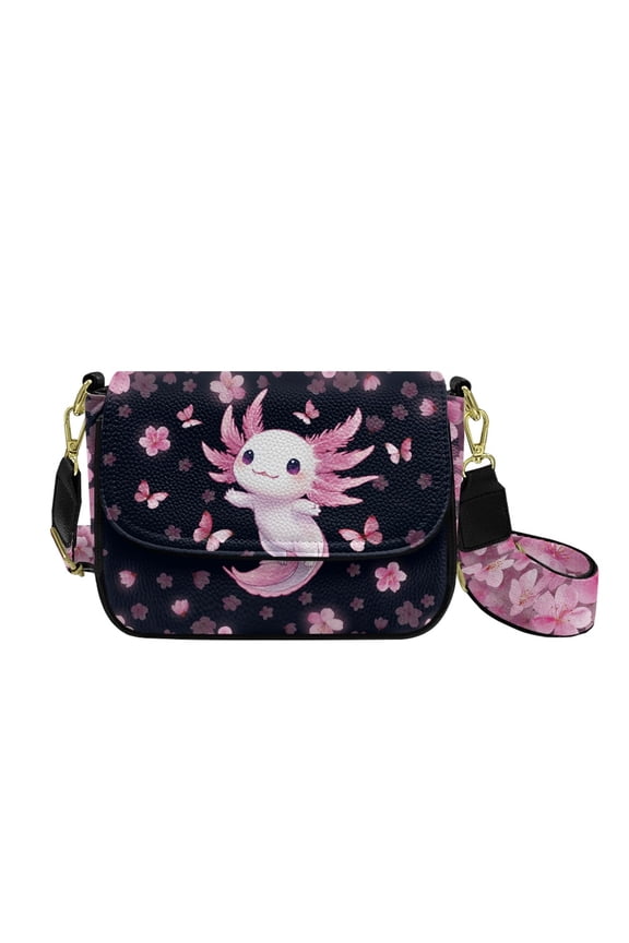 Axolotl Butterfly Cherry Blossom Print Crossbody Purse for Women Small Crossbody Bag Crossover Shoulder Bag Cell Phone Leather Handbag with Wide Strap