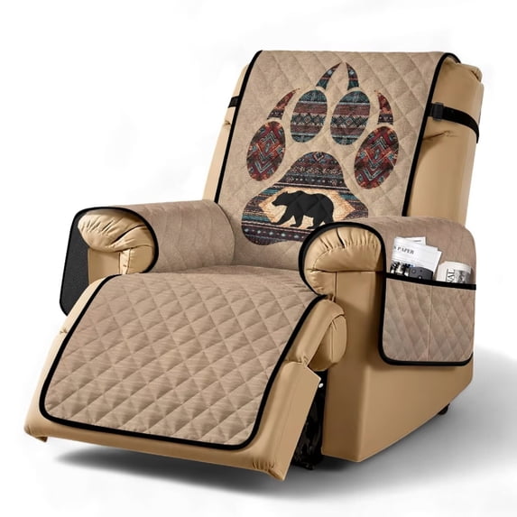 TSOVTHRID Aztec Tribal Bear Paw Print Non Slip Recliner Chair Cover with Side Storage Pocket, Reclining Chair Slipcover with Elastic Strap, Machine Washable Recliner Cover Stay in Place