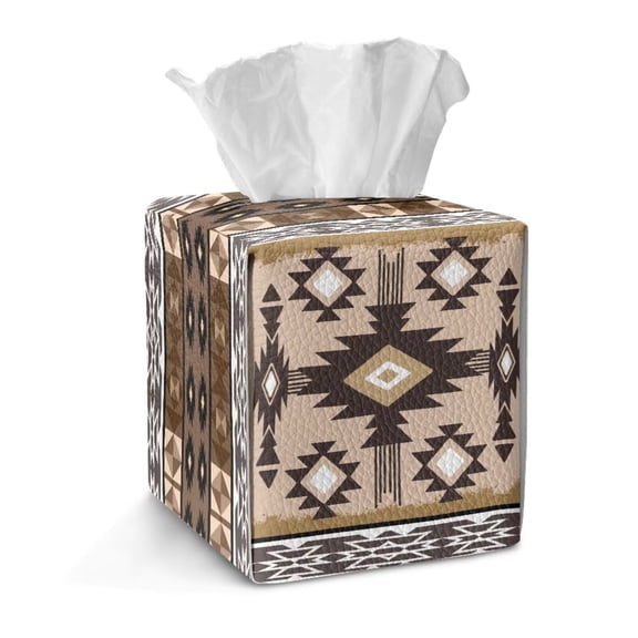 TSOVTHRID Aztec Tribal Geometric Pattern Square Tissue Box Cover, PU Leather Decorative for Disposable Paper Easy to Clean Tissue Holder Container for Tabletop, Bathroom, Car, Office