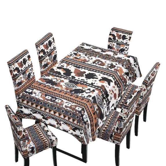 TSOVTHRID Aztec Tribal Stripe Cow Pattern 7 Pcs Tablecloth and Chair Covers Set, Stretchable Washable Spandex Table Cover with Elastic Dining Chair Slipcovers for Home Banquet Party