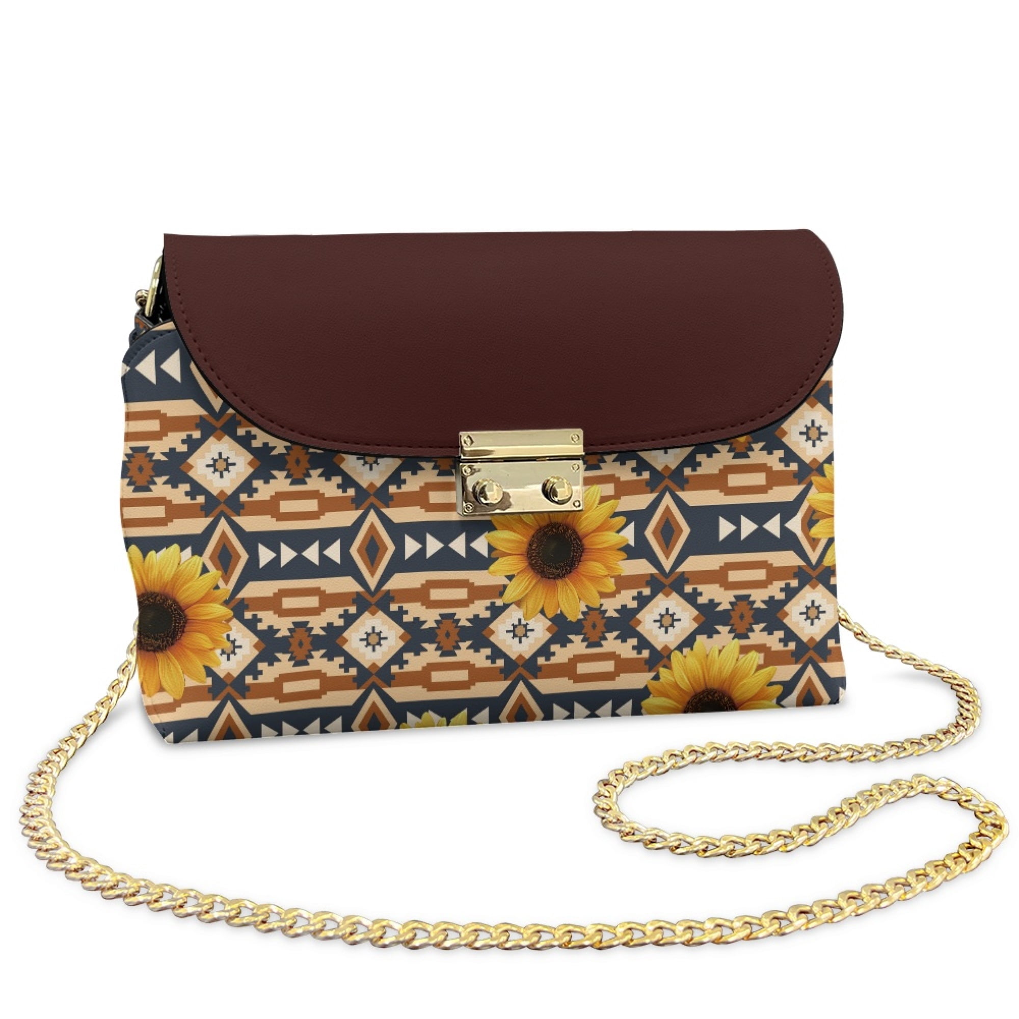 TSOVTHRID Aztec Tribal Sunflower Brown Print Crossbody Bags Womens Leather Cross Body Handbags for Women with Long Detachable Chain Small Shoulder Purses Large Capacity Bag