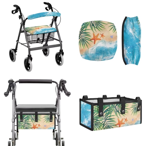 TSOVTHRID Beach Starfish Palm Leaf Pattern Mobility Scooter Accessories Sets, Washable Walker Rollator Seat Cushion Back Cover Portable Underseat Pouch Tote for Rolling Walkers