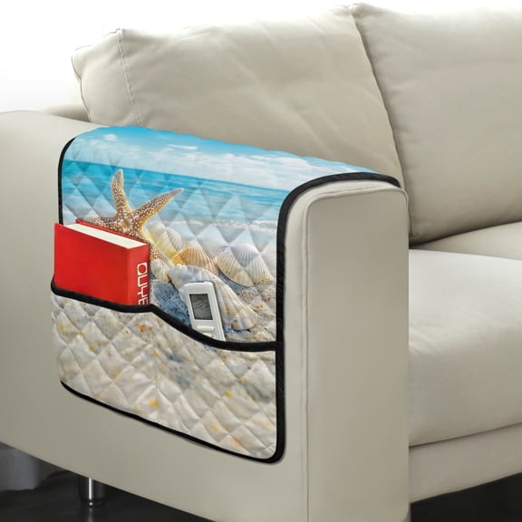 TSOVTHRID Beach Starfish Seashells Print Armrest Cover for Sofa with 2 Side Organizer Pockets 44x20 inch Arm Covers for Loveseat, Recliner, Chair Anti-scratch Armchair Protector