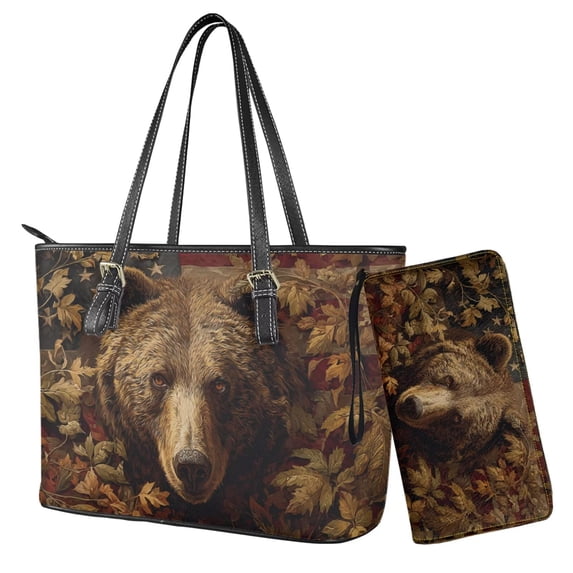 TSOVTHRID Bear Forest Camo Print Tote Bags for Women Brown Top Handle Satchel Purses Set PU Leather Women's Tote Shoulder Bag with Matching Wristlet Wallet