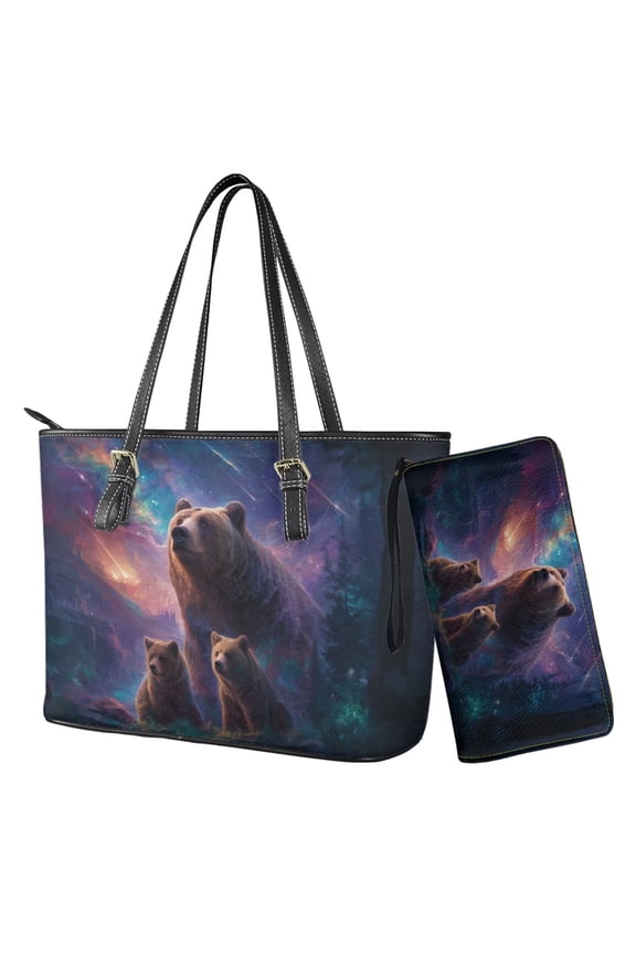 Bear Meteor Galaxy Print Tote Bags for Women Top Handle Satchel Purses Set Purple Hobo Shoulder Handbag with Matching Leather Wallet for Shopping