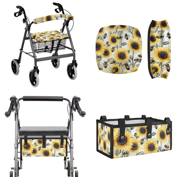 TSOVTHRID Bee Sunflower Pattern Mobility Scooter Accessories for 3 Pcs, Walker Seat and Back Rest Covers for Seniors Large Capacity Basket Storage Bag
