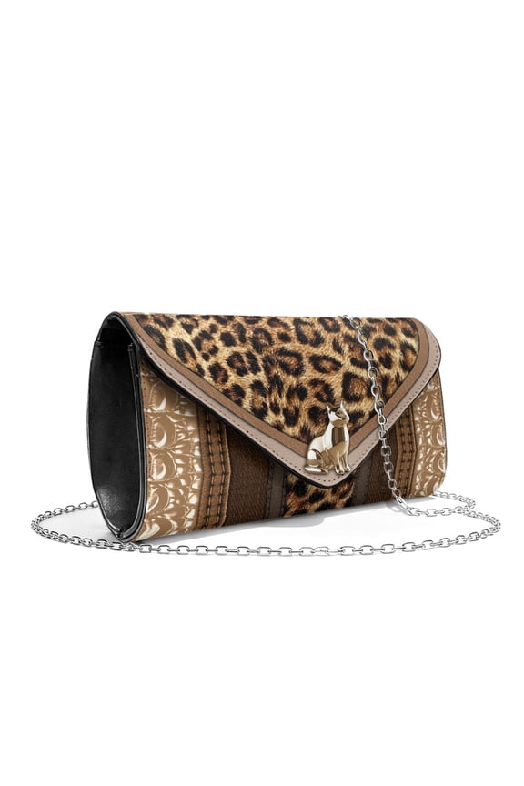 Beige Cat Leopard Print Clutch Purses for Women Ladies Clutch Handbags Dressy Leather Evening Bag for Formal Wedding Party Cocktail Prom with Chain