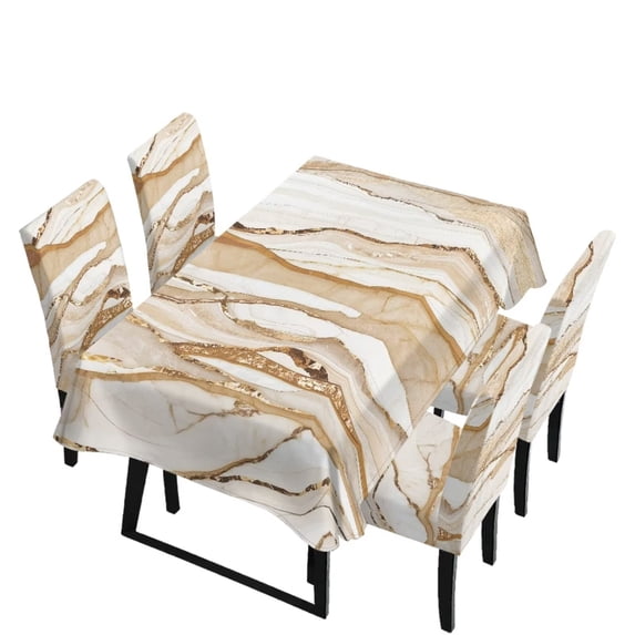 TSOVTHRID Beige Marble Print Tablecloth Chair Cover Set, Washable Table Cloth with Parsons Chair Slipcovers Protective Set of 4 for Home Restaurant Banquet (5 PCS)