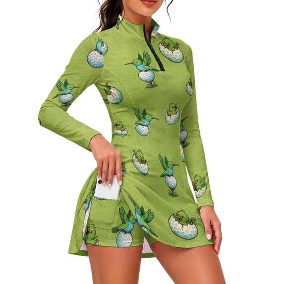 TSOVTHRID Bird On Golf Ball Pattern Romper Dress, 2 Pices Golf Dresses Quarter Zip Collar Slim Fitted Cut Womens Long Sleeve Golf Dress for Casual Tennis, Size Medium
