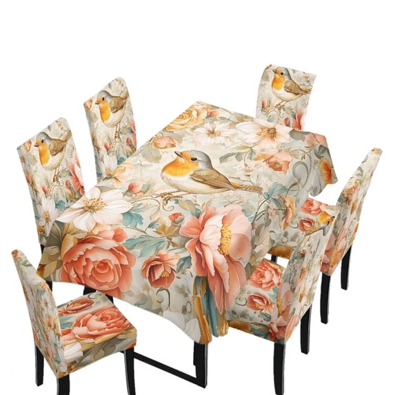 TSOVTHRID Bird Peony Rose Flower Print 7 Pcs Table Cloth with Chair Covers Set Easy-Clean Elastic Rectangle Tablecloth with Seat Slipcover Set for Home Restaurant Hotel Decor