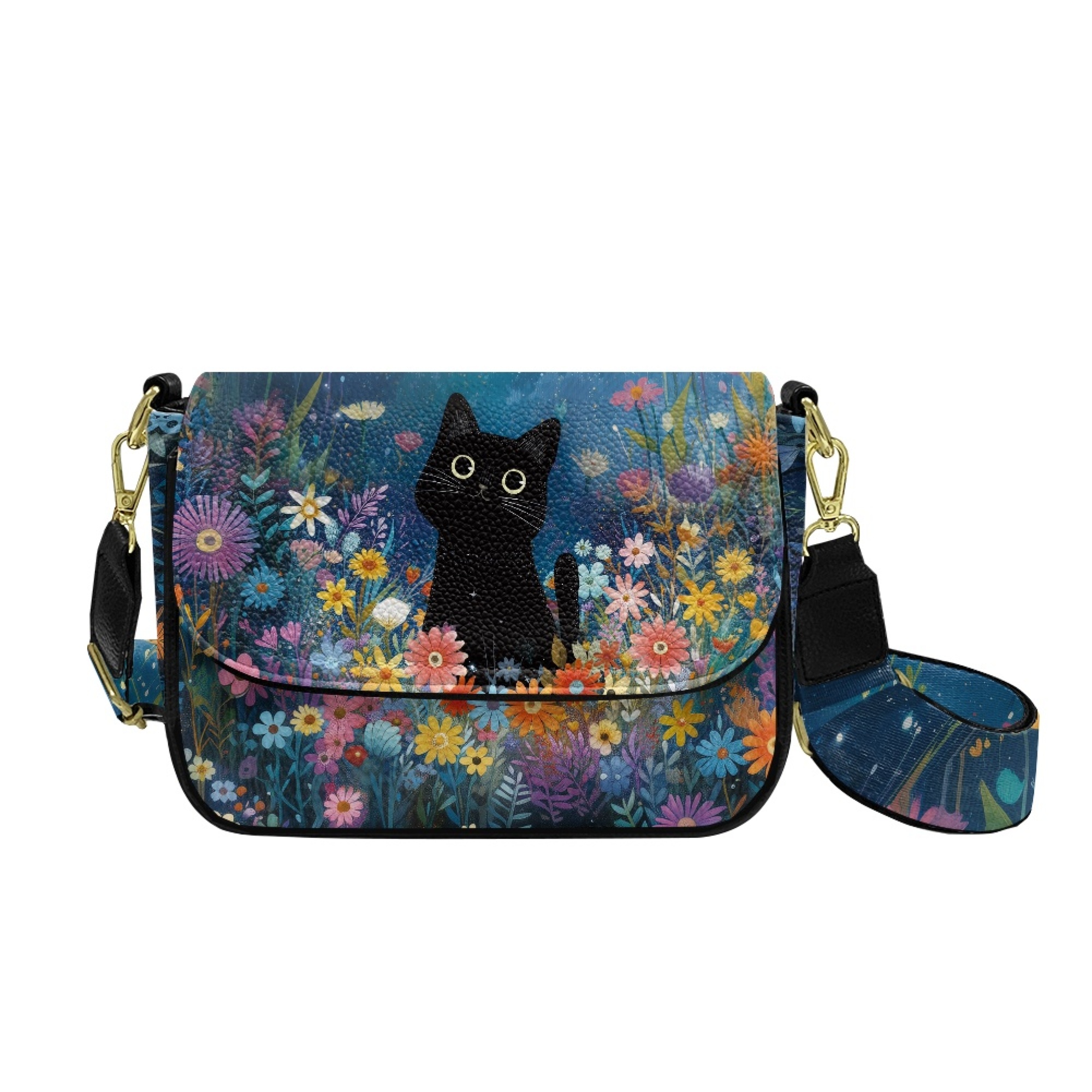 TSOVTHRID Black Cat Colorful Daisy Print Crossbody Purse for Women, PU Leather Cell Phone Purse, Trendy Crossbody Bags, Handbags Shoulder Bag for Travel Party