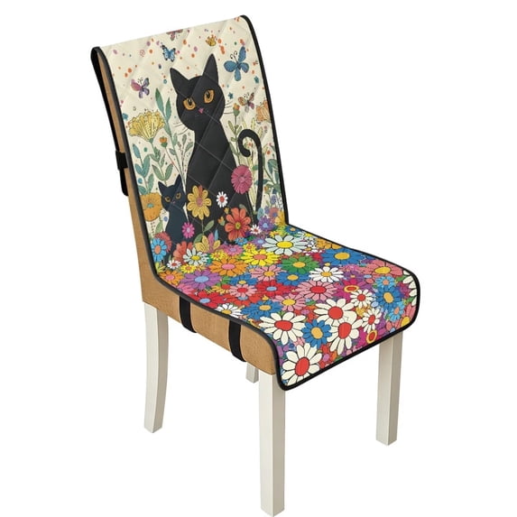 TSOVTHRID Black Cat Colorful Floral Butterfly Print Quilted Dining Room Chair Covers Comfy Adjustable Chair Seat Covers Stretchy Stain Resistant Chair Seat Cushion Protector Slipcovers, Set of 1