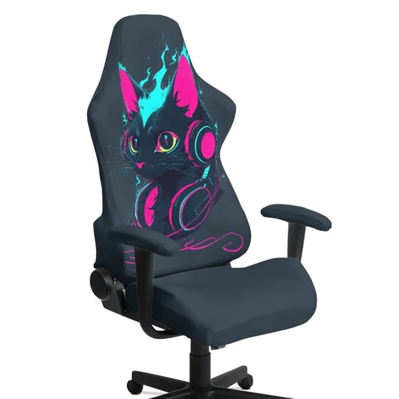 TSOVTHRID Black Cat Cyberpunk Print Gaming Chair Cover with Armrest Cover, Wear Resistant Washable Computer Chair Slipcover 4 PCS Breathable Reclining Chair Protectors for Home Gaming