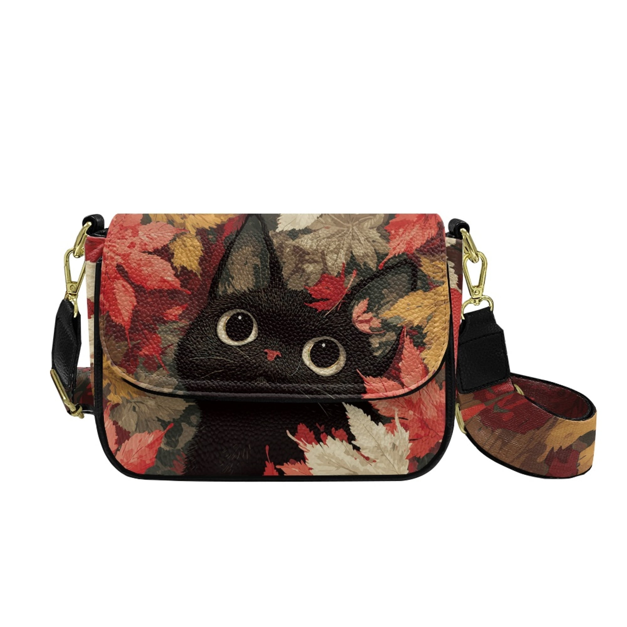 TSOVTHRID Black Cat Maple Leaf Print Small Crossbody Bag, Trendy PU Leather Crossbody Purse with Adjustable Strap, Women's Shoulder Handbag