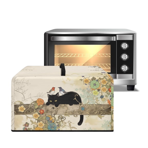 TSOVTHRID Black Cat Robin Floral Print Microwave Oven Cover Dust-Proof Microwave Oven Cloth Cover Heat-Resistant Small Appliance Dust Covers Case Protections Protector, 20.9"W x 15.7"D x 12.4"H, L