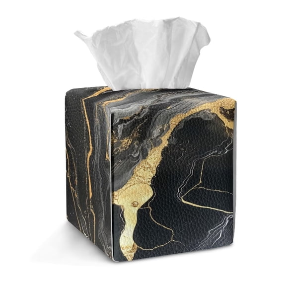 TSOVTHRID Black Golden Marble Pattern Square Tissue Box Cover, PU Leather Facial Paper Oraganizer Dispenser Easy to Clean Tabletop Tissue Decorative for Dining Room Bathroom