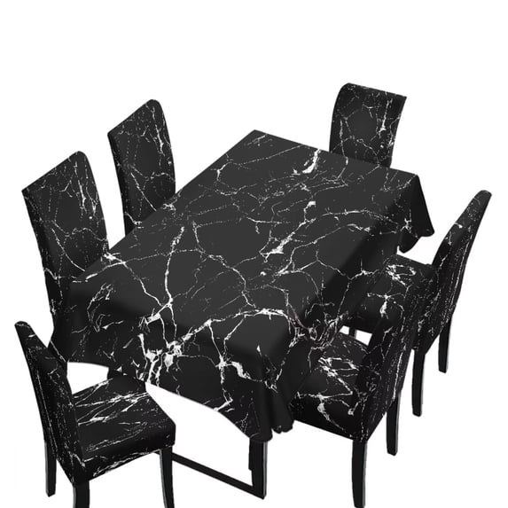 TSOVTHRID Black Marble Texture Print Tablecloth with Chair Covers Set of 7, Removable Rectangle Table Cloth Seat Slipcover Dining Chair Protector for Home Kitchen Holiday Decor