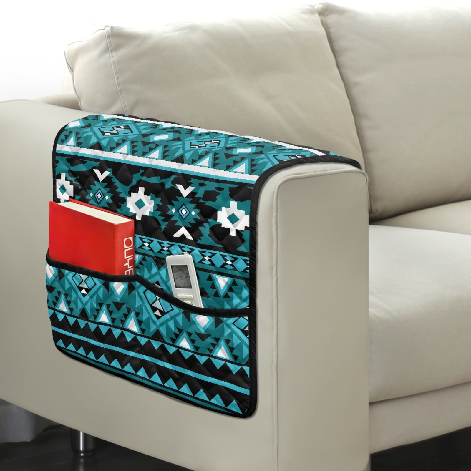 TSOVTHRID Blue Aztec Tribal Geometric Print Arm Rest Cover for Sofa with 2 Pockets Dustproof Chairs Arm Covers Anti-scratch Furniture Protector for Pet Dog Cats Easy to Install