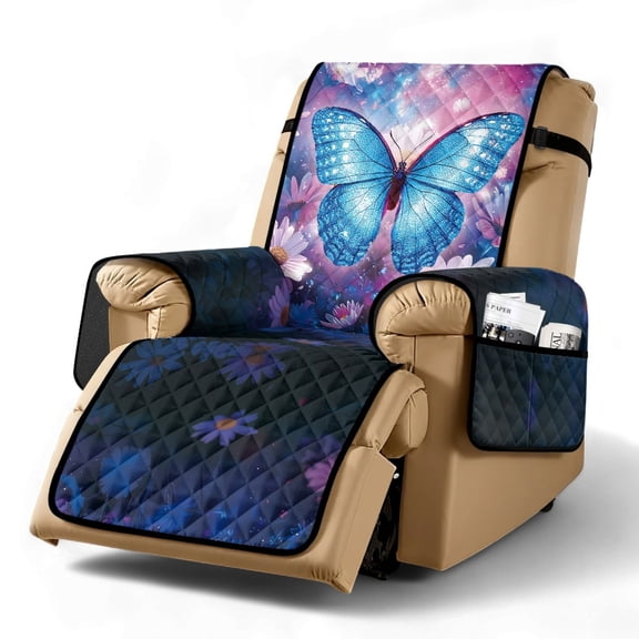 TSOVTHRID Blue Butterfly Daisy Print Recliner Sofa Slipcover with Storage Pocket, Easy to Install Soft Reclining Chair Couch Cover, Furniture Protector Cover for Pet Living Room