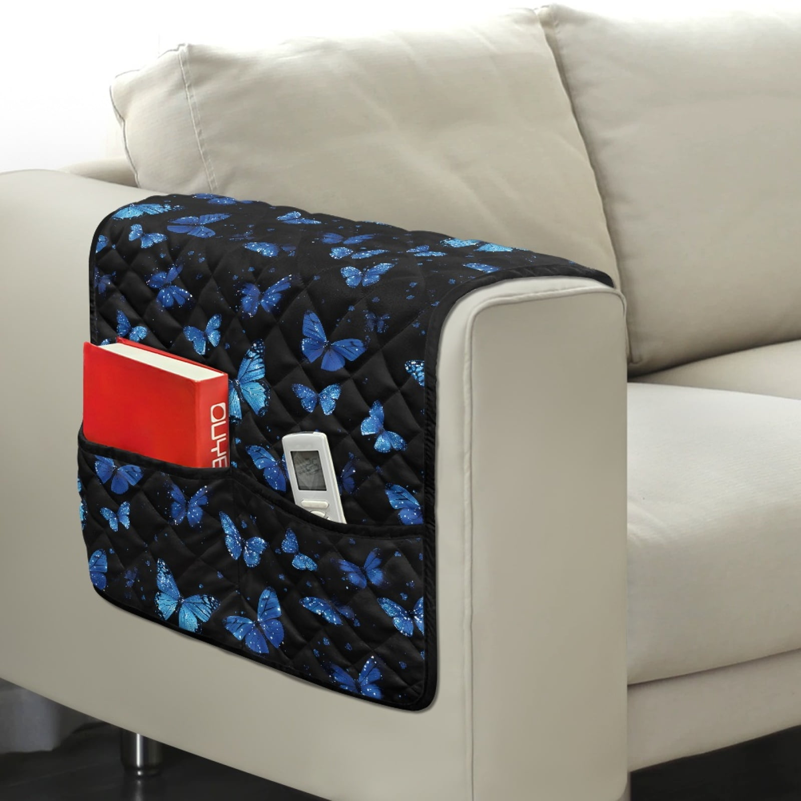 TSOVTHRID Blue Butterfly Glitter Print Sofa Armrest Cover Washable Armchair Slipcovers with Side Storage Pocket Couch Arm Protector Non-Slip Chair Arm Covers