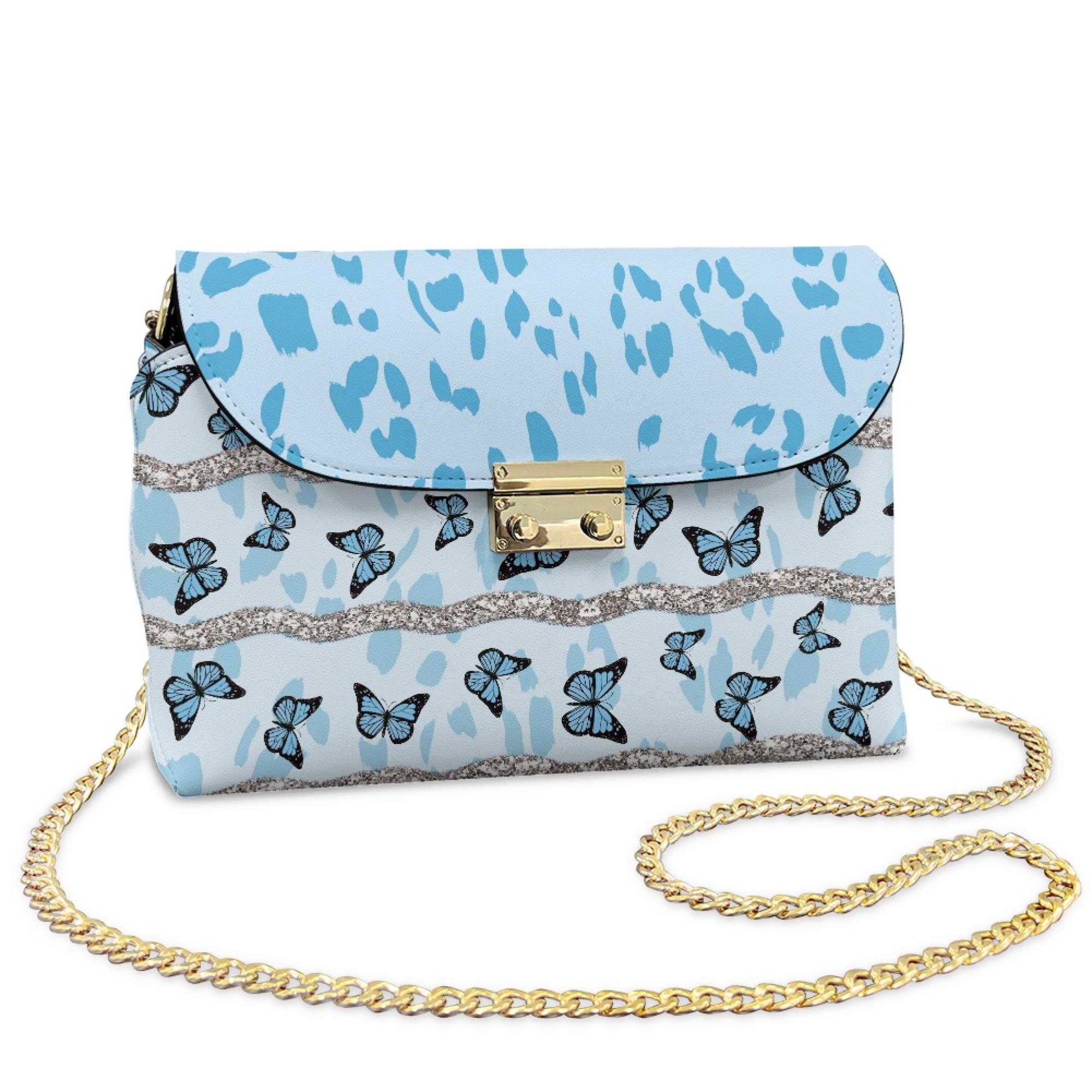 TSOVTHRID Blue Butterfly Leopard Print Crossbody Bags for Women Trendy, PU Leather Shoulder Handbags, Minimalist Crossbody Purses for Women with Detachable Chain Strap