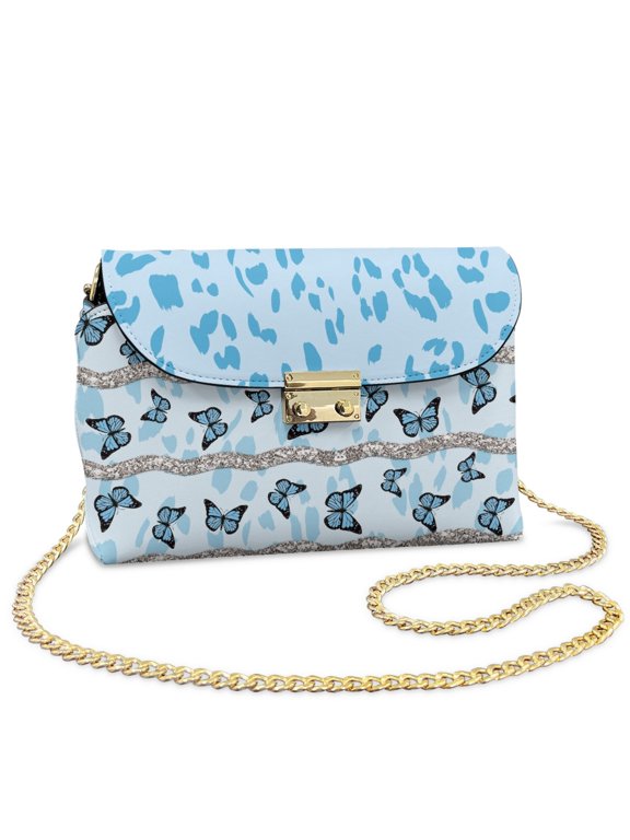Blue Butterfly Leopard Print Crossbody Bags for Women Trendy, PU Leather Shoulder Handbags, Minimalist Crossbody Purses for Women with Detachable Chain Strap