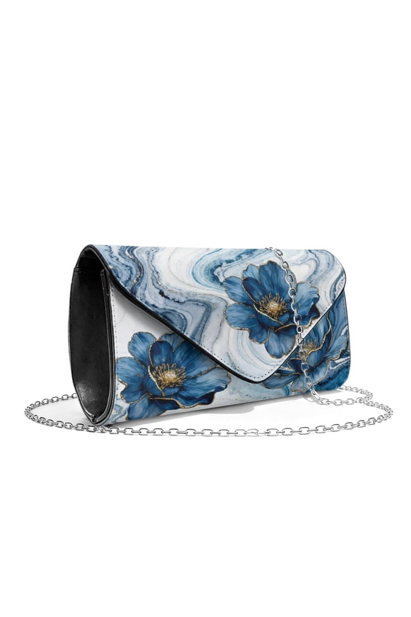 Blue Floral Marble Texture Clutch Purses for Women Formal Leather Evening Bag Handbags with Chain Elegant Crossbody Bag for Wedding Cocktail Prom Party