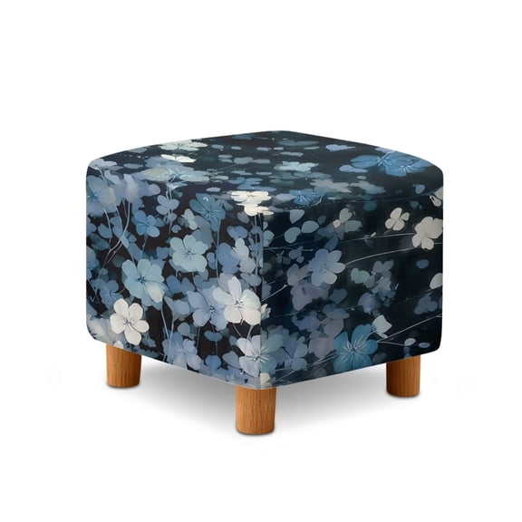 TSOVTHRID Blue Floral Print Stretch Ottoman Cover Square Ottoman Slipcovers for Foot Stool & Folding Storage Furniture with Nonslip Elastic Bottom for Living Room