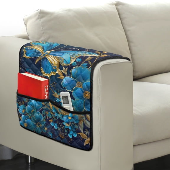 TSOVTHRID Blue Golden Butterfly Floral Print Armrest Cover for Sofa Control Holder Sofa Armrest Organizer for Magazine, Tablet, Phone, iPad Chair Arm Covers 44x20 inch Couch Cover