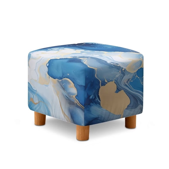 TSOVTHRID Blue Golden Marble Texture Ottoman Slipcover Square Machine Washable Stretch Storage Ottoman Covers Removable Footrest Stool Cover Protector for Dogs Pets