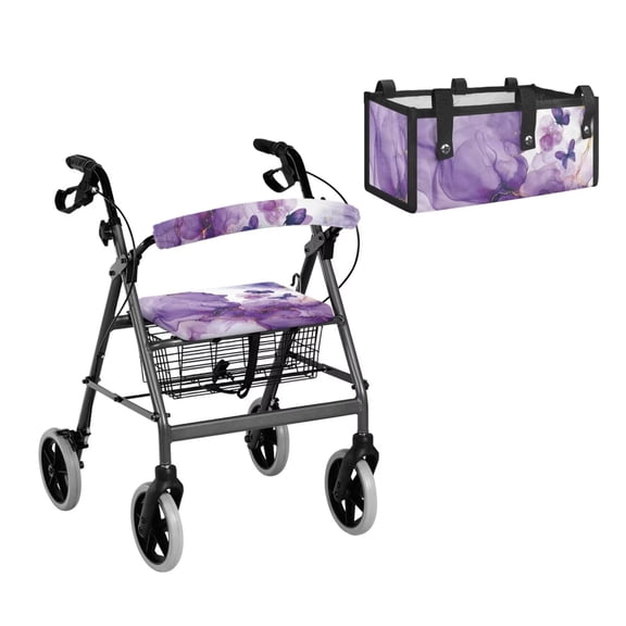 TSOVTHRID Blue Marble Butterfly Pattern Mobility Scooter Accessories Sets, Washable Fabric Rollator Walker Seat and Backrest Covers Portable Tote Organizer Pouch