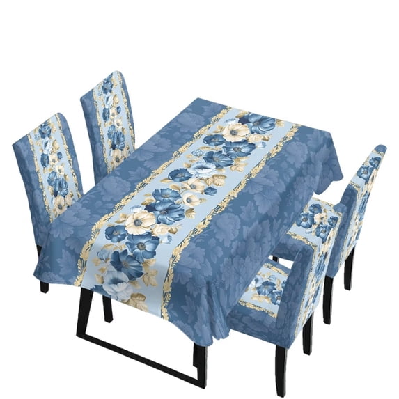TSOVTHRID Blue Poppy Floral Print 5 Pcs Chair Protector Cover and Tablecloth Set Stretch Removable Washable 55"x82" Table Cover and Seat Slipcover for Home Hotel Dining Room Banquet Wedding Party