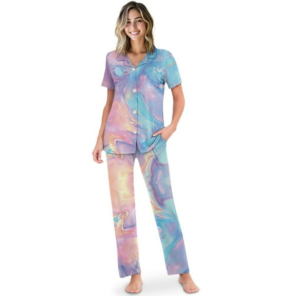 TSOVTHRID Blue Purple Marble Print Women's Pajama Sets Short Sleeve Pajama with Long Pants Soft Button Down Sleepwear, Size M