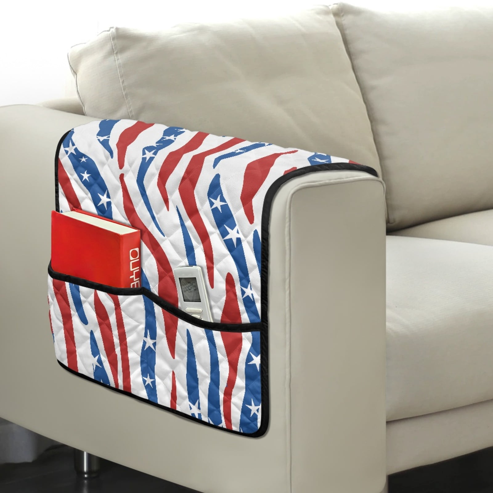 TSOVTHRID Blue Red Stripe Star Print Couch Arm Rest Cover Anti-Slip Furniture Protectors for Pet Cat Dog, Stain Resistant Arm Covers for Sofa with 2 Pockets Modern Home Decor