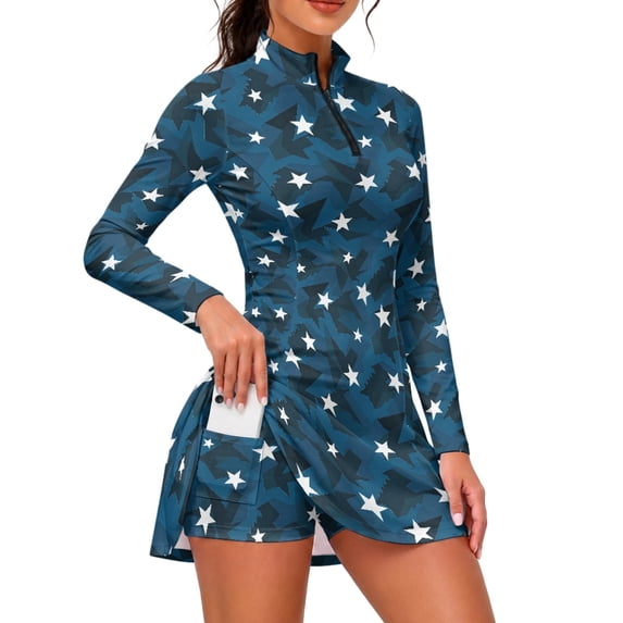 TSOVTHRID Blue Star Print Active Dress, 2 Pieces Athletic Dress Quick Dry Moisture Wicking Golf Apparel for Casual Workout, Size X-Large