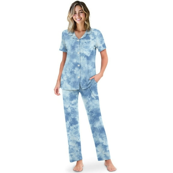 TSOVTHRID Blue Tie Dye Print Pajama Set for Women Notch Collar Sleepwear with Long Pants Soft Lounge Set, Size M