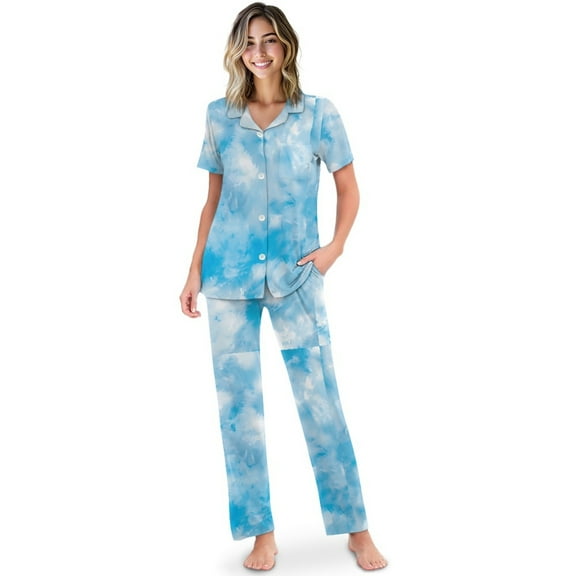 TSOVTHRID Blue Tie Dye Print Pajama Set for Women Short Sleeve Loungewear with Long Pants Soft Button Down Pajama Sets, Size M