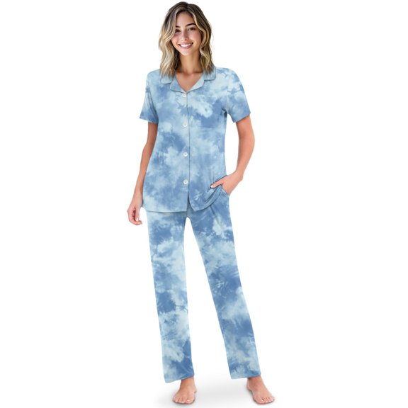 TSOVTHRID Blue Tie Dye Print Women's Pajama Sets Notch Collar Loungewear with Long Pants Button Down Sleepwear Soft Nightwear for Women, Size M