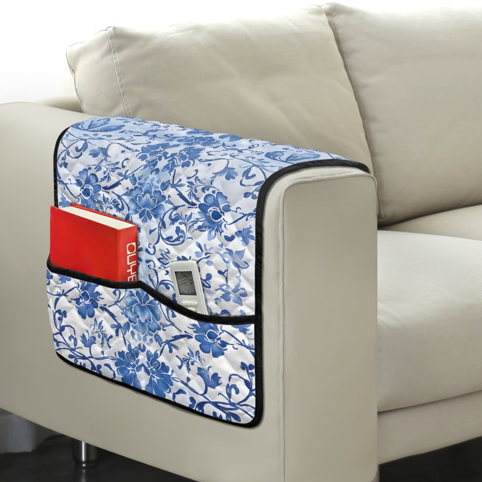 TSOVTHRID Blue Vintage Watercolor Flower Print Couch Arm Covers with 2 Organizer Pockets Soft Couch Protector Anti-Slip Slipcovers for Pet Armchair, Loveseat, Recliner