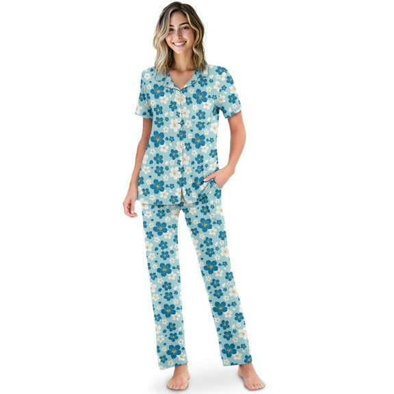 TSOVTHRID Blue White Cherry Blossoms Print Women's Pajama Sets Breathable Sleepwear Soft Short Sleeve Pjs with Long Pants for Women, Size 2XL