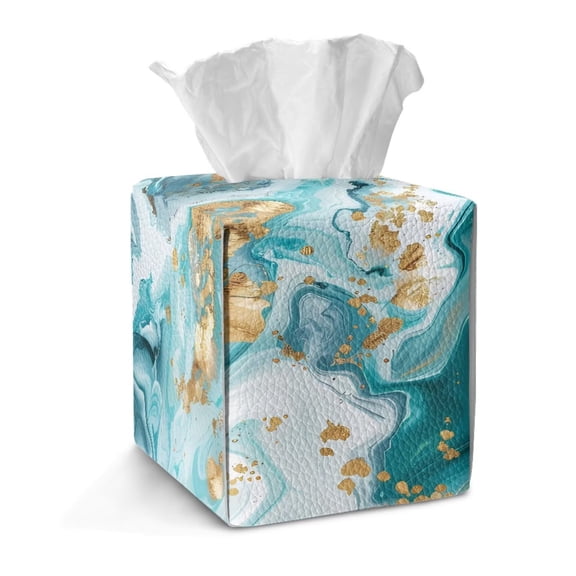 TSOVTHRID Blue White Golden Marble Pattern Tissue Box Cover Holder, Modern Square Tissue Box Cover PU Leather Tissue Holder Decorative for Home Office Car Decor
