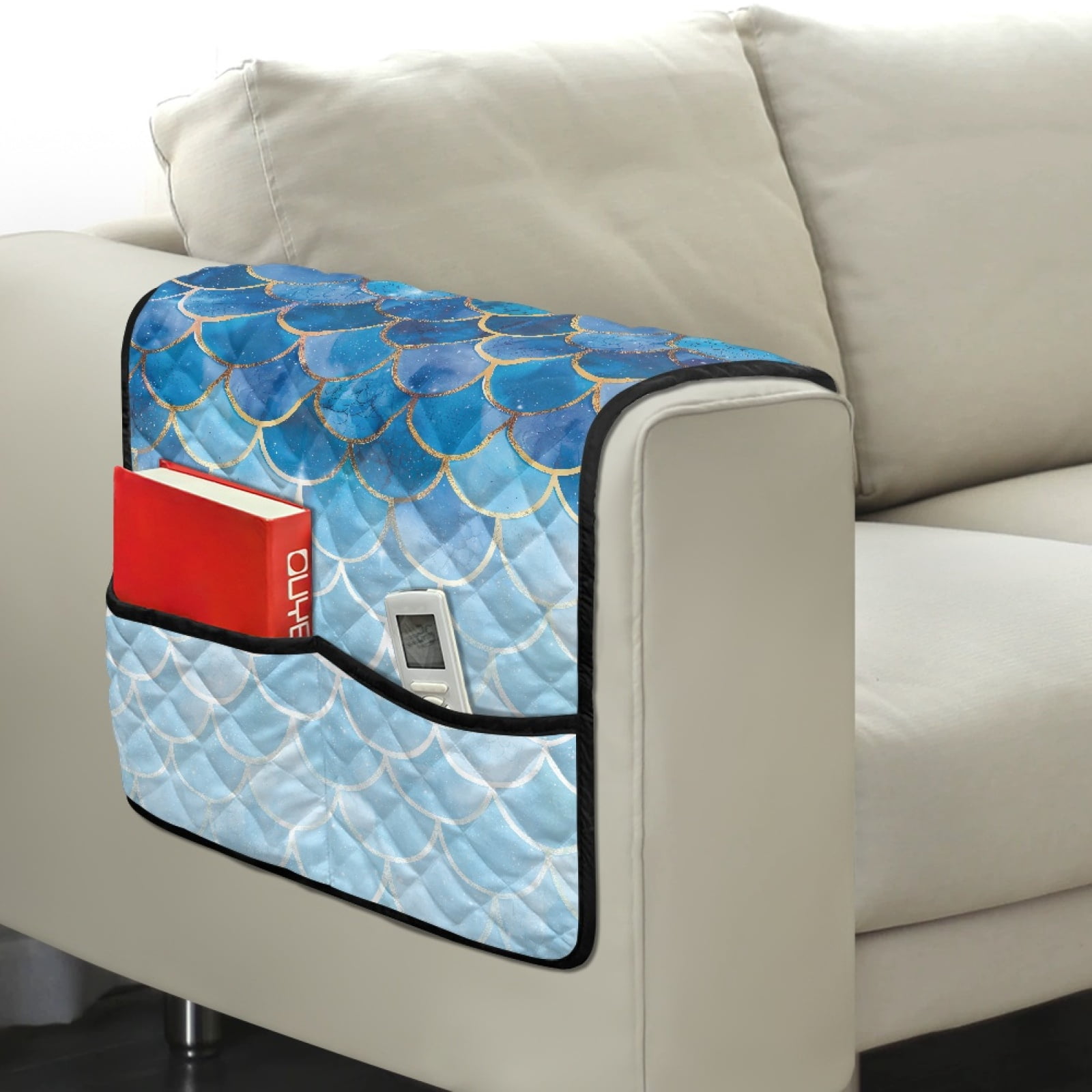 TSOVTHRID Blue White Mermaid Scales Glitter Print Couch Arm Covers with 2 Side Storage Pockets, Anti-Slip Armrest Cover for Sofa, Chair, Loveseat, Recliner Arm Covers