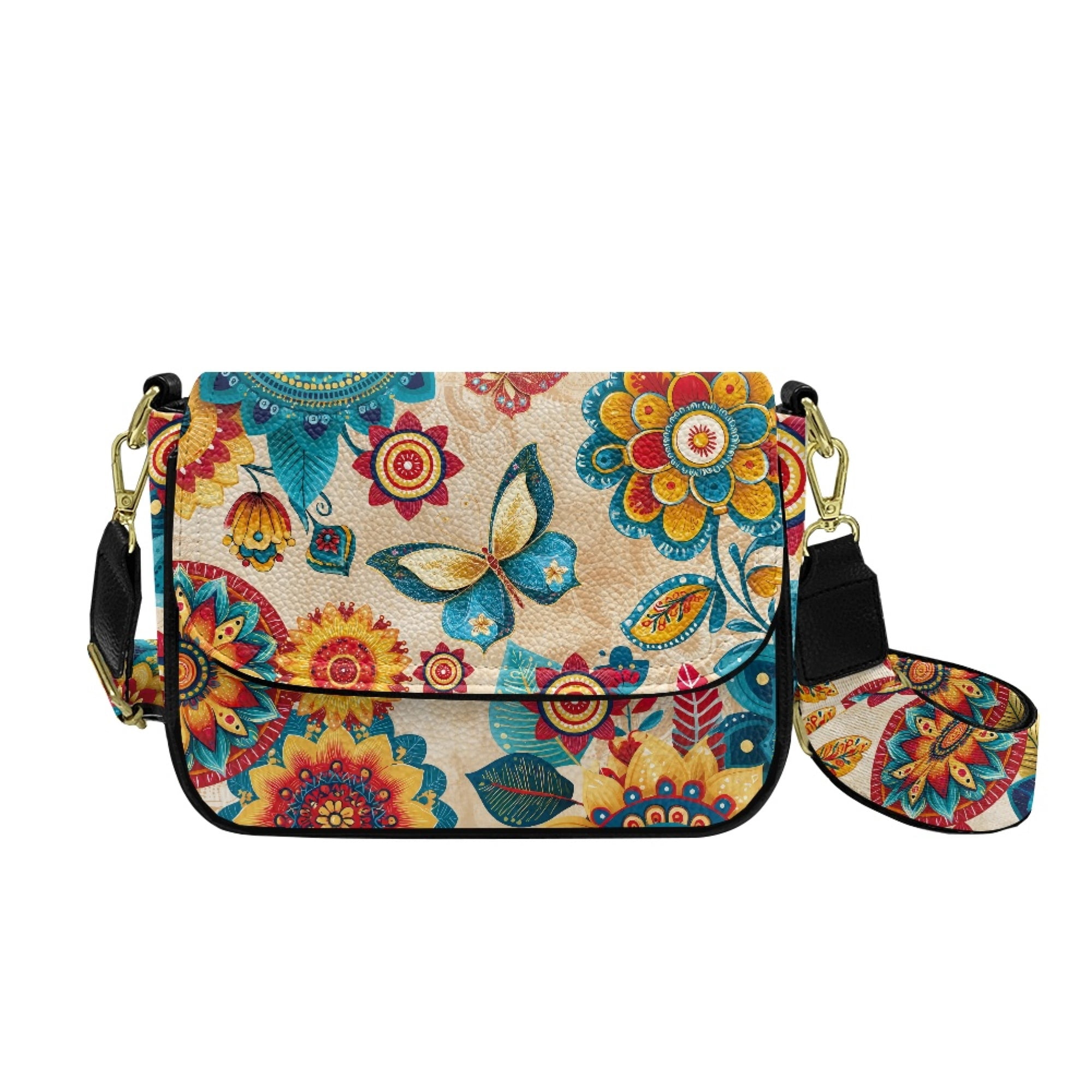 TSOVTHRID Boho Mandala Floral Butterfly Print Crossbody Bags for Women PU Leather Crossbody Handbags Purses Crossover Shoulder Bag with Wide Strap