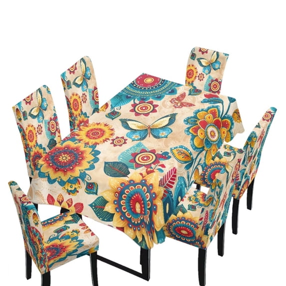 TSOVTHRID Boho Mandala Floral Butterfly Print Table Cloth and Chair Covers Set 7-Piece Stretch Fit Tablecloth and Chair Slipcovers for Dining Room Holiday Kitchen Home Party Ceremony Decor