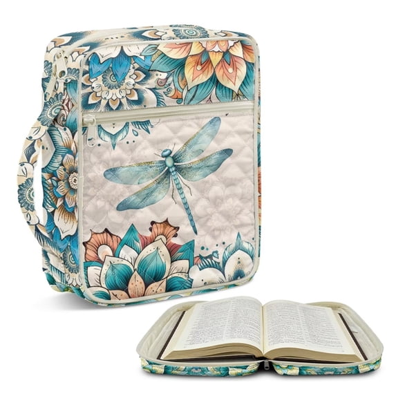 TSOVTHRID Boho Mandala Floral Dragonfly Print Bible Carrying Case for Women Men, Bible Cover Church Bag with Pen Storage, Multi-Functional Cyan Carrying Book Case for Bibles Study, Christian Gift