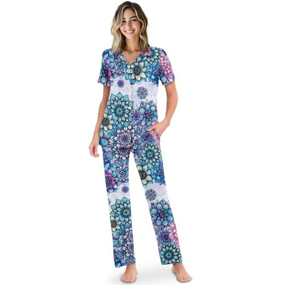 TSOVTHRID Boho Mandala Flower Print Women's Pajama Sets Button Down Sleepwear with Long Pants Comfortable Short Sleeve Lounge Set, Size S