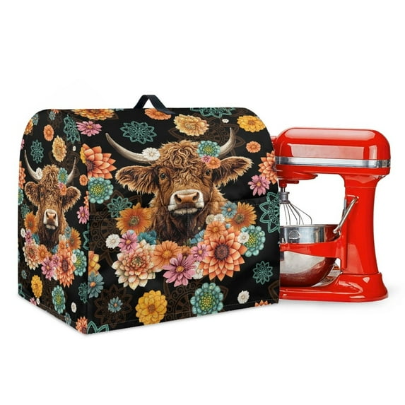 TSOVTHRID Boho Mandala Highland Cattle Pattern Mixer Cover Dust Cover for Kitchen Mixer with Storage Pockets Waterproof Polyester Coffee Maker Cover for 6-8 Quart Stand Mixer Accessories Decor,L